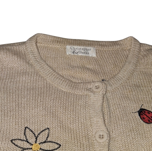 EUC Christopher and Banks Sz. M Oatmeal Color Butterflies and Flowers Sweater - Picture 3 of 9